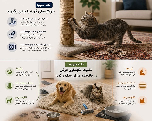 خراشهای گربه را جدی بگیرید! تفاوت نگهداری فرش در خانههای دارای سگ و گربه